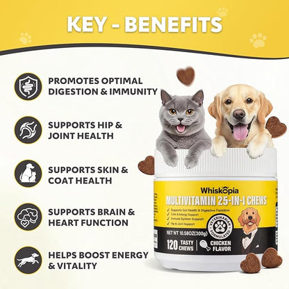 25-in-1 Dog Vitamins Supplements Multivitamin Chewable with Glucosamine MSM Colostrum Probiotics Omega-3 for Dogs and Cats Digestive Gut Hip Joint Omega-3 Skin & Coat Eyes Immune Support - 120 Ct