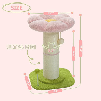 PEQULTI Flower Cat Scratching Post, Small Cat Tree, Scratcher for Indoor Cats with Super Thick Scratching Post [Dia=5.5''], Removable Flower Bed, Cat Scratch Post with Spring Ball, Pink