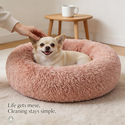 Calming Donut Dogs Beds for Small Dogs Washable,19inch Fluffy Round Puppy Bed for Puppies,Cats & Toy Breeds with Raised Rim,Fits up to 15 lbs Pets,Pink
