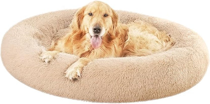 Amazon Basics Washable Donut Pet Bolster Faux Fur Bed with Removable Cover, Anti-Slip Bottom for Dog, Beige, 45" x 45"