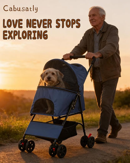 Pet Stroller for Small Medium Dogs Cats - Lightweight 10lbs Foldable Dog Stroller, Breathable Mesh & Safety Tether, 33lbs Capacity with Locking Wheels, Storage Basket for Outdoor Walks-Blue