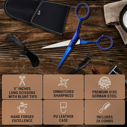 Ontaki Beard & Mustache Scissors for Men - 5inch, Midnight Blue - 410C German Steel Durable, Ergonomic Design Travel Friendly Beard Scissors for Men - Beard Kit 2 Combs & Case Perfect for Styling