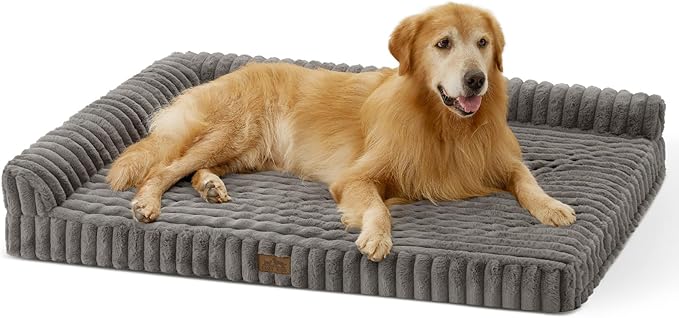 COZY KISS Extra Large Dog Bed, Faux Rabbit Fur Orthopedic Foam Dog Bed with Sides, Removable Washable Cover & Waterproof Lining, Comfortable Pet Couch for Dogs, Grey (48" L x 35" W x 7.5" Th)