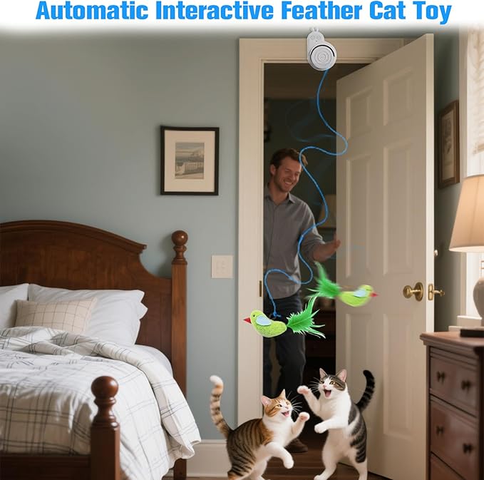 Interactive Cat Toys for Indoor Cats: Automatic Electric Flying Bird Feather & Mouse Wand, Rechargeable Electric Hanging Play Chase Exercise Moving Enrichment Toy for Bored Kittens and Adult Cats