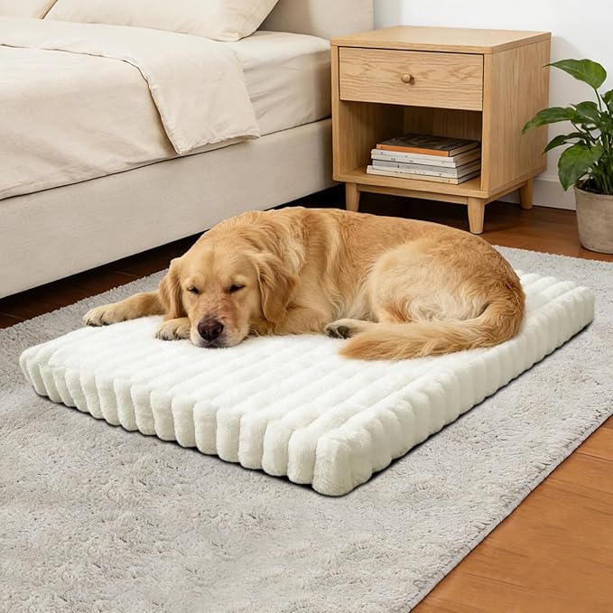 Dog Beds Flat Dog Crate Bed Waterproof for Meduim Large Dogs with Plush Removable Washable Cover Anti Slip Bottom for Indoor,Cream,41.7"x26.8"