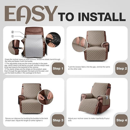 KinCam 100% Waterproof Recliner Chair Cover, Reclining Couch Covers for Pets, Dogs, Recliner Couch Slipcover Furniture Protector with Elastic Straps for Kids(23.6", Taupe)