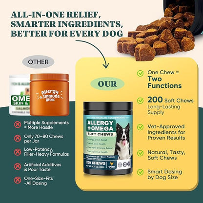 Dog Allergy Chews Omega 3 is Human,Itch Relief Multivitamin Medicine for Dogs Itching Skin Relief and Aller Immune Pet Allergy Dog Anti Itch Chews Coat Licking Supplements Pills Meds Medicine for Dogs