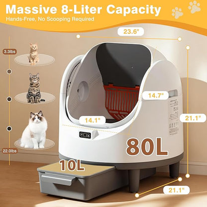 Open Top Self-Cleaning Litter Box with 80L Large Capacity for Multiple Cats, Features Odor-Free Waste Disposal, Safety Sensor, App Control via 2.4 GHz Wi-Fi, Includes 2 Roll Garbage Bags