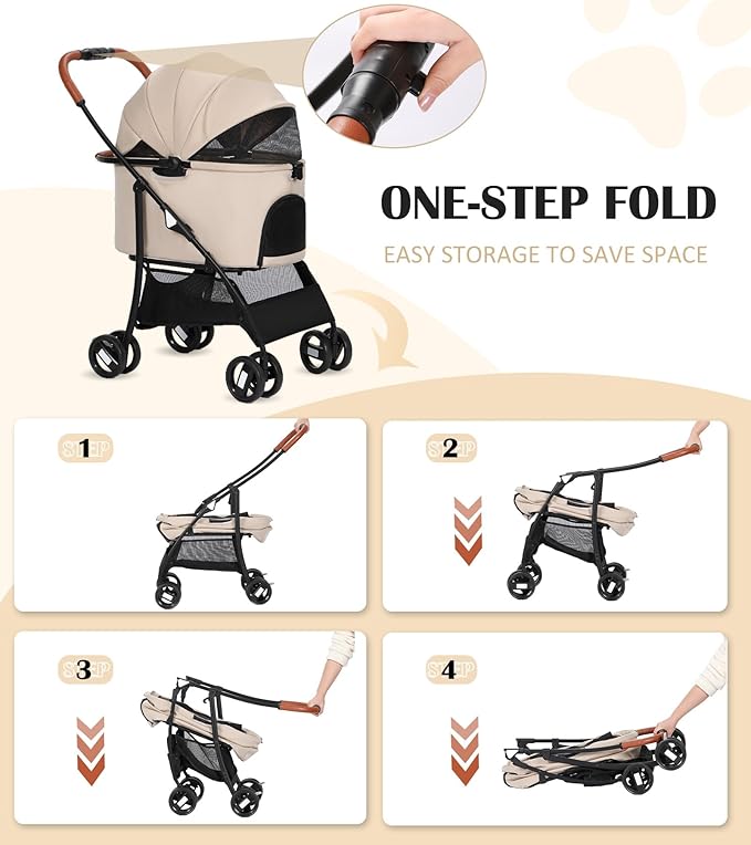 Pet Stroller for Small Dogs Cats Up to 45 lbs with Detachable Canopy, Portable Foldable Dog Stroller with Sunshade and Car Seat Travel, Suitable for All Seasons(Khaki 101K)