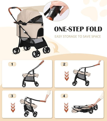 Pet Stroller for Small Dogs Cats Up to 45 lbs with Detachable Canopy, Portable Foldable Dog Stroller with Sunshade and Car Seat Travel, Suitable for All Seasons(Khaki 101K)