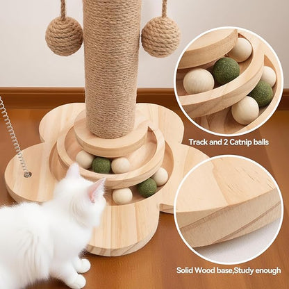 Cat Scratching Post, 4 in 1 Wooden Cat Scratcher Toy, 18.11" Tall Scratch Post with 2 Level Cat Track Balls, Interactive Feather Toy and 2 Sisal Hanging Balls for Indoor Kittens, Adult Cats