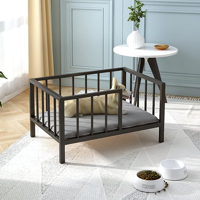OSCHF Dog Bed with Rails - Elevated Pet Metal Bed Frame with Solid Wood Board and Washable Soft Mat for Small Dog Indoor or Outdoor Use, 21.3" x 30", Black