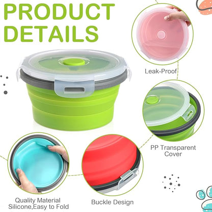 Suclain 4 Pcs Collapsible Bowls with Lids Silicone Camping Food Storage Container Expandable Folding Salad Lunch Box Travel Container for Hiking Camping