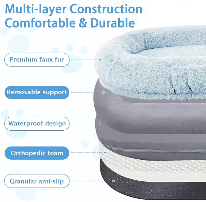 Human Dog Bed, 71''x45''x12'' Size Fits People and Pet 10 CM Thick Memory Foam Washable Adult Large Bed Giant Oversize Foldable Dog Bed with Plump Pillow, Blanket, Strap - Blue