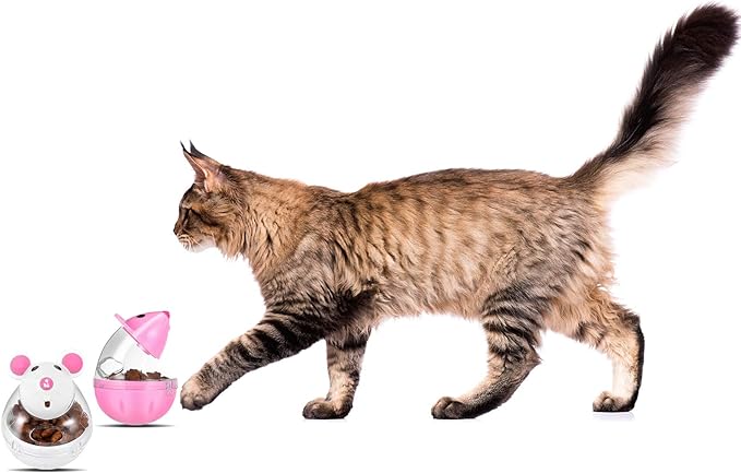 Cat Food Ball Dispenser - 4 Pcs Slow Feeder Mice Shaped Tumbler Toy for Interactive Training (Pink, White)