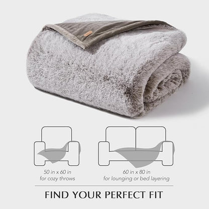 EVERGRACEHOME Luxury Soft Faux Chinchilla Fur Throw Blanket for Couch, Warm Thick Heavy Winter Throw Blanket 1220GSM for Bed, Fluffy Cozy Mink Blanket with Reversible Velvet, Champagne Fawn, 50"x60"