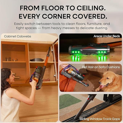 KIPMAX Cordless Vacuum Cleaner, 50KPa 550W Stick Vacuum for Home, 70Mins Anti-Tangled Vacuum Cleaner for Pet Hair/Carpet/Floor, Self-Standing Vacuum with Rechargeable Battery, LED Display&Aromatherapy