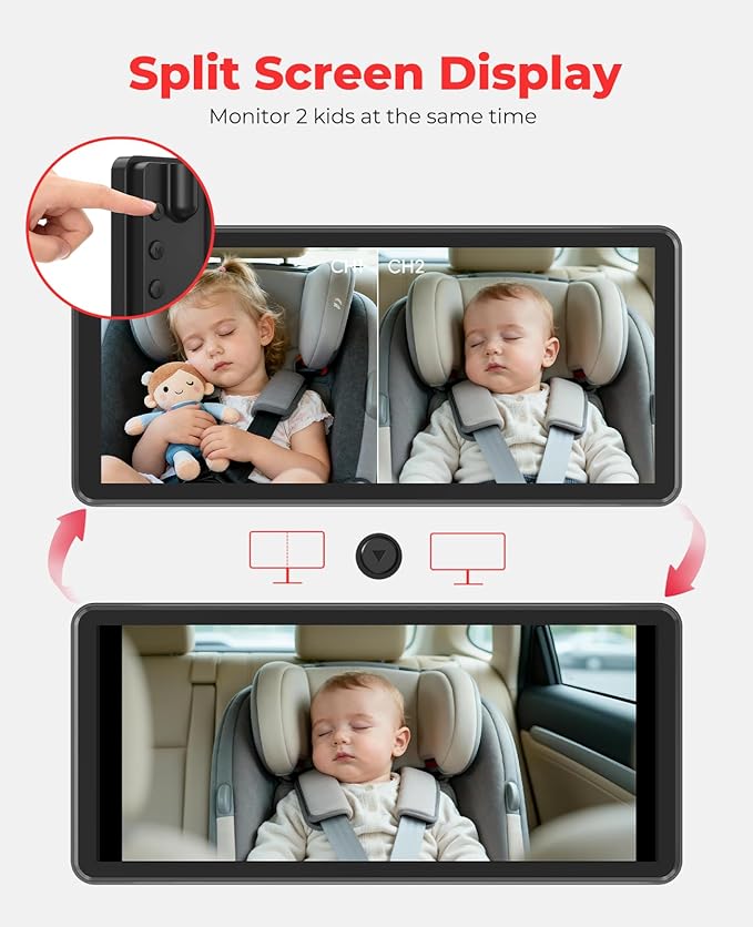 LUCKVIEW BM5PRO Double Car Camera for 2 Baby，7.2" 1080P Split Screen with IR Night Vision, Real-Time Monitoring Baby Car Camera,Easy Install, Family Travel Companion for Kids & Pets