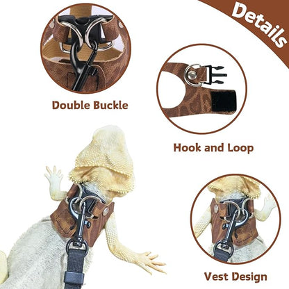 3 Pack Bearded Dragon Harness and Leash Set - Adjustable Soft Leather Lizard Harness Leash Small Animal Traction Rope Training Walking Vest Accessories for Reptile Squirrel Rat (Brown Leopard)
