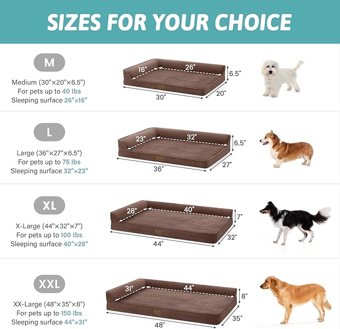 COZY KISS Orthopedic Dog Bed for Extra Large, XXL Dogs Bed, L Shaped Foam Anti-Slip Bottom Giant Pet Cat Sofa with Washable Cover, Suitable for Pet Up to 150 lbs, 48x35x8 inch, Brown ﻿