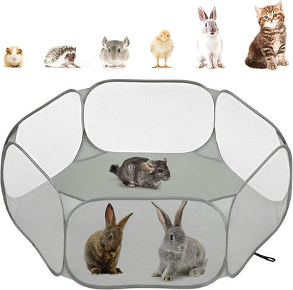 Pawaboo Small Animals Playpen, Waterproof Small Pet Cage Tent with Strong Steel Wire Frame, Portable Outdoor Yard Fence for Chick/Kitten/Puppy/Guinea Pig/Rabbits/Hamster/Chinchillas, Gray