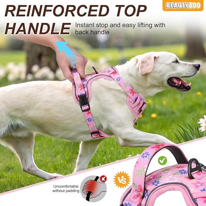 BEAUTYZOO No Pull Dog Harness and Leash Set with 2 Metal Leash Clips - Overhead-Free 3 Snap Buckles Design, Adjustable No-Choke Soft Padded Reflective Oxford Pet Vest for Small Medium Large Dogs, L