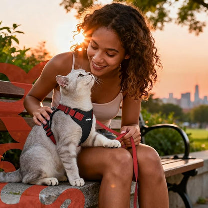 rabbitgoo Cat Harness and Leash for Walking, Escape Proof Soft Adjustable Vest Harnesses for Cats, Easy Control Breathable Reflective Strips Jacket, Black & Red, S