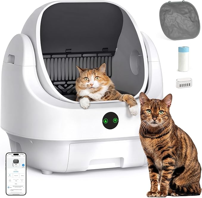Open Top Automatic Litter Box, Odor Control, Ready to Use, Self Cleaning Litter Box, Large Capacity with APP Control and Safety Sensor, Ellenpent, with Trash Bags/Waterproof Mat/Litter Mat