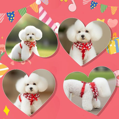 EXPAWLORER Cute Dog Harness Collar Leash Set - Red Girl Dog Harness Checkered Step-in Design, Detachable Bow Pet Collar, Adjustable No-Choke Lightweight Mesh Vest for Cats Puppy Small Dogs, S