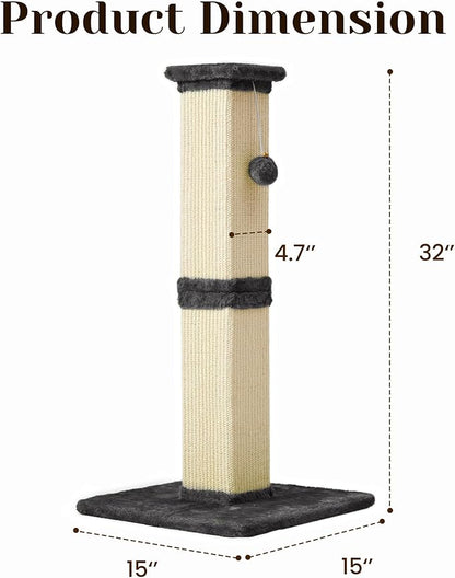 Fansafurn Tall Cat Scratching Post, 32'' Heavy Duty and Thick Scratching Post, Scratching Post for Adult Cats, Thick Sisal Rope with Hanging Ball, Grey