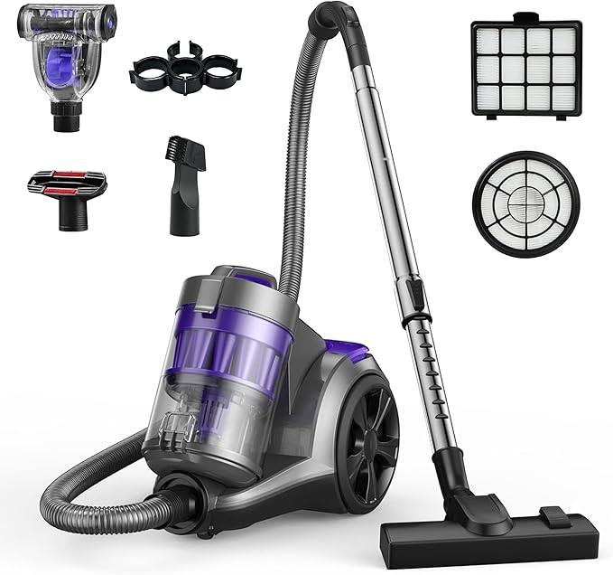 Aspiron 1700W Canister Vacuum Cleaner, 45Kpa Bagless Vacuum Cleaner, Multi-Cyclonic Filtration, 2 Anti-Allergen HEPA Filters, 3.5QT Dust Cup, 4 Tools, Corded Vacuum for Hard Floor, Pet Hair, Wisteria