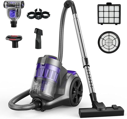 Aspiron 1700W Canister Vacuum Cleaner, 45Kpa Bagless Vacuum Cleaner, Multi-Cyclonic Filtration, 2 Anti-Allergen HEPA Filters, 3.5QT Dust Cup, 4 Tools, Corded Vacuum for Hard Floor, Pet Hair, Purple