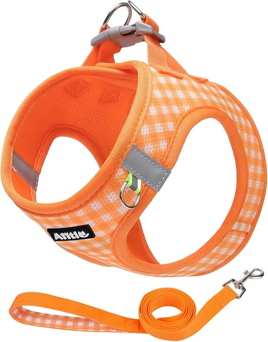 AIITLE Adjustable Dog Vest Harness Set – No-Pull Design, Plaid Print & Reflective Safety– Fits Poodles, Shih Tzus & Medium-Sized Dogs up to 38lbs (M, Orange)