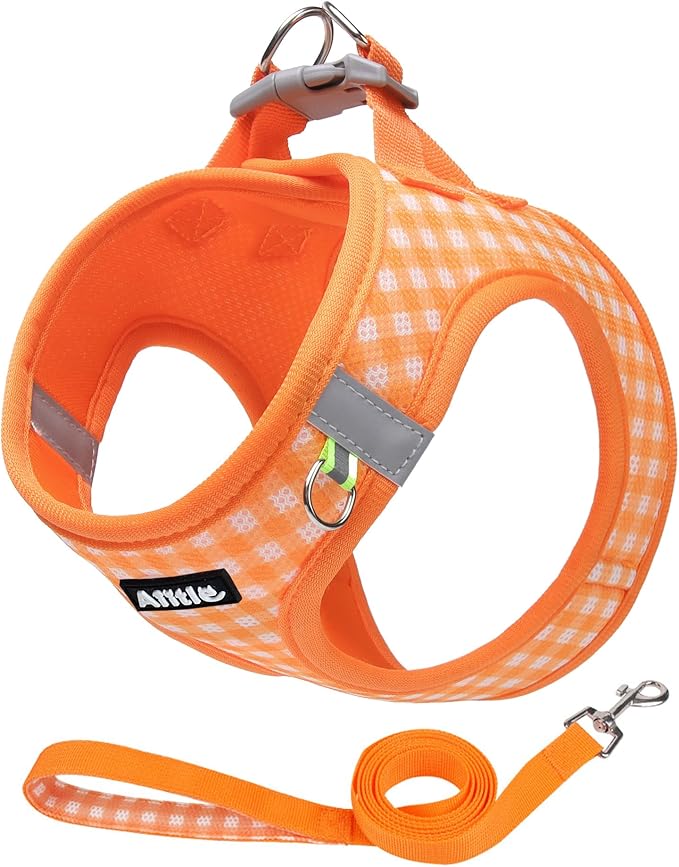 AIITLE Dog Harness and Leash Set, Reflective Adjustable Soft Mesh Vest with Plaid Print for Small Dogs – Breathable No-Pull Design for Daily Walks & Outdoor Adventures (XXS, Orange)