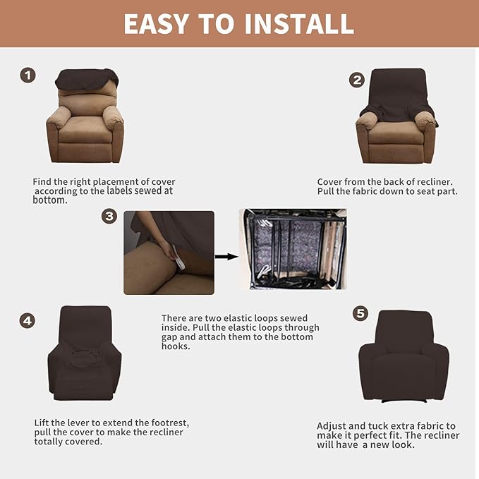 Easy-Going 100% Waterproof Recliner Cover, Dual Waterproof Couch Cover for Recliner, 1- Piece Jacquard Sofa Cover, Leakproof Sofa Slipcover for Kids, Pets, Dog and Cat (Recliner, Chocolate)