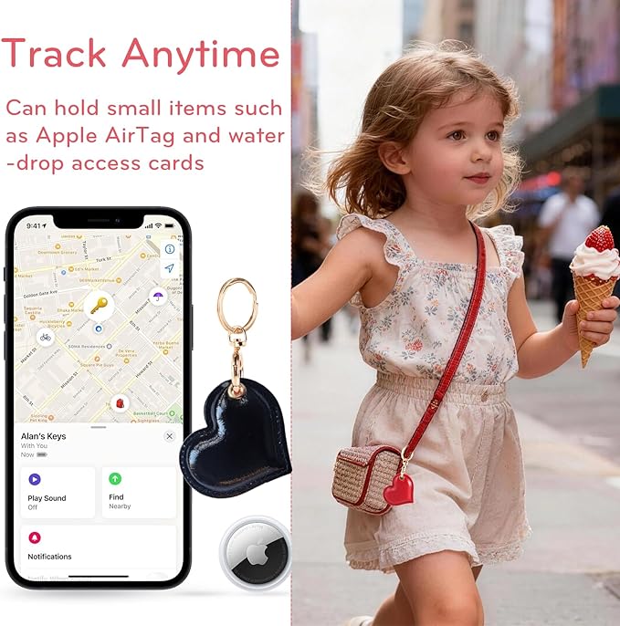 Leather Charm Keychain Holder Case Compatible with AirTag,Cute Protective Heart-Shaped Cover with Luxe Ring Clip,Finder GPS Tracker Case for Wallet Keys,Bag,Pets(Black)