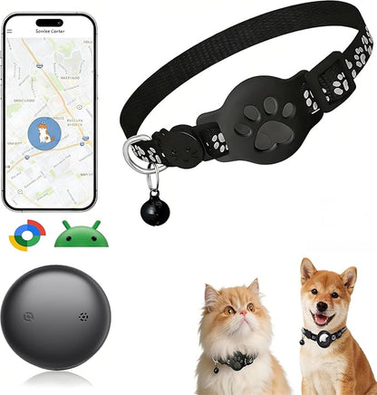 GPS Pet Tracker Collar for Cats & Small Dogs, Lightweight & Waterproof with Safety Buckle, Anti-Loss Tracking, Adjustable Reflective Collar with Bell (iOS, Black, 19-26cm)
