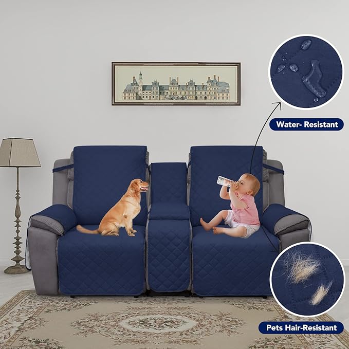 PureFit Water Resistant Reversible Loveseat Recliner Cover - Non Slip Furniture Protector for 2 Seat Recliner, Navy/Ivory