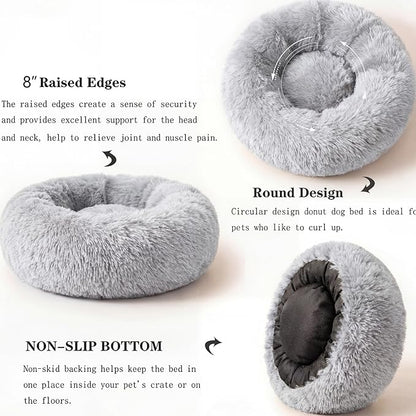 Calming Dog Bed for Medium Dogs Washable Donut 28 inches Anti-Slip Pet Bed,Round Fluffy Plush Faux Fur Cat Bed,Fits up to 40 lbs Pets,Frost Grey