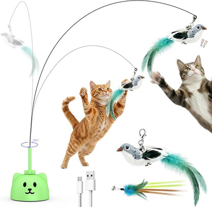 CATPICK Interactive Cat Toys for Indoor Cats - Automatic Flying Bird Feather Toy, USB Rechargeable Electric Cat Teaser with Strong Sticky Base, Smart Motion Self-Play Toy for Bored Cats(Green)