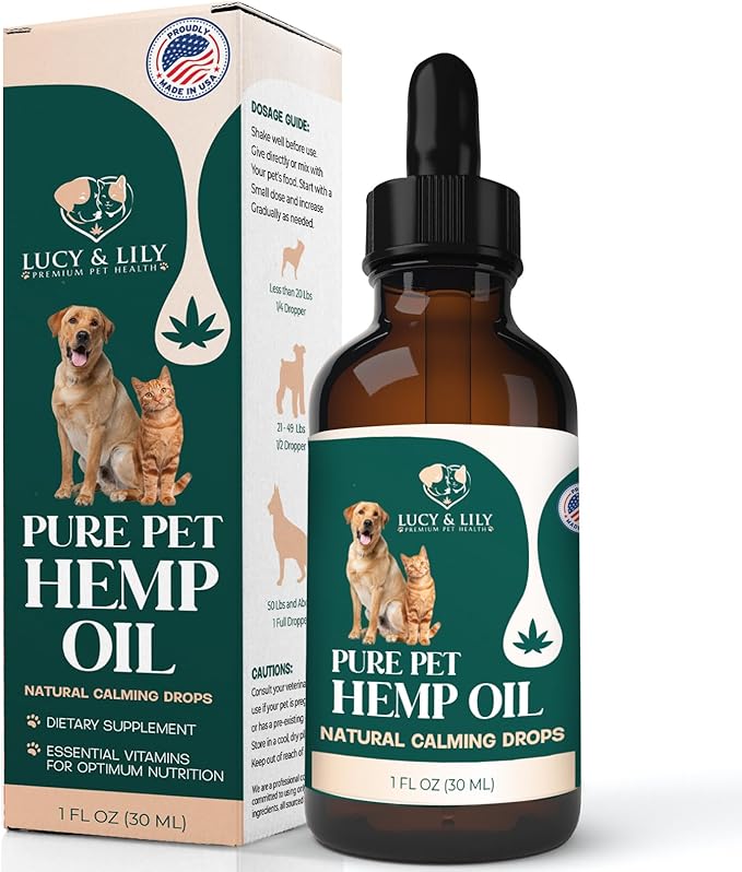 Pure Pet Hemp Oil by Lucy and Lily| Helps with Anxiety, Pain, Stress, Sleep, Seizures, Skin & Coat Health| Calming Drops for Cats & Dogs| 100% Natural Liquid Hemp Oil | Safe for All Pets | 2 Pack