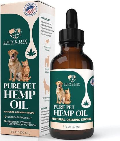 Pure Pet Hemp Oil by Lucy and Lily| Helps with Anxiety, Pain, Stress, Sleep, Seizures, Skin & Coat Health| Calming Drops for Cats & Dogs| 100% Natural Liquid Hemp Oil | Safe for All Pets | 2 Pack