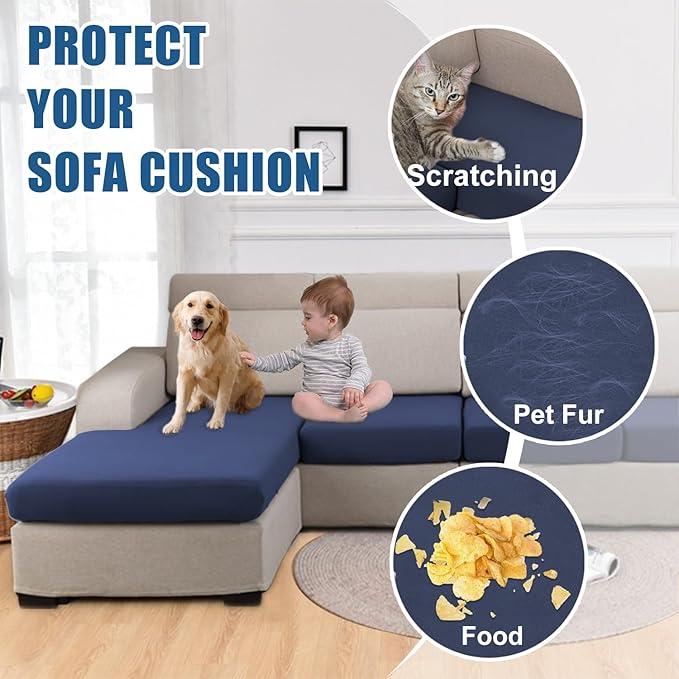 Waterproof Couch Cushion Covers, Stretch Individual Sofa Seat Cover for Sectional L Shaped Sofa, Reversible Couch Furniture Protector for Pets (3-Piece Sofa Cushion Cover, Navy)