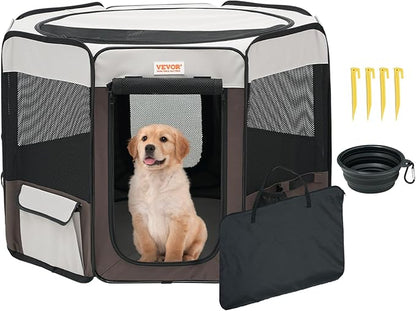 VEVOR Portable Pet Playpen, 36x36x23 in Foldable Dog Cat Pen + Free Carrying Case + Bowl, Indoor/Outdoor Dogs Crates Kennel for Puppies with Premium Waterproof 600D Oxford Cloth, Removable Zipper Top