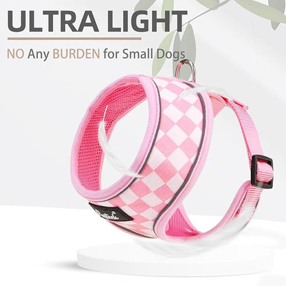 PUPTECK Soft Mesh Dog Harness and Leash Set Pet Puppy Cat Comfort Padded Vest No Pull Harnesses, Checkered Pink&White, L