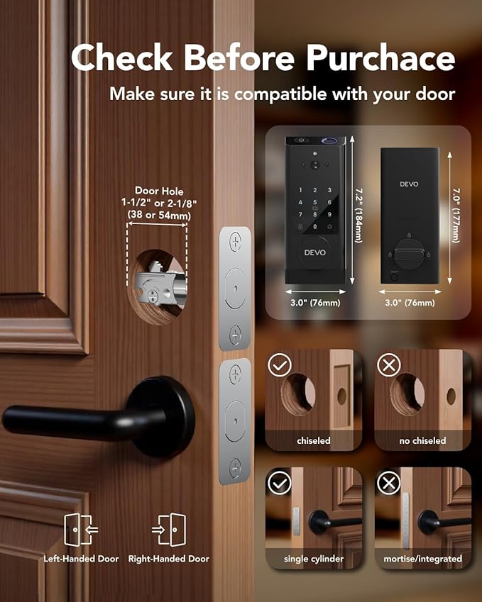 Devo G1 Video Smart Lock with Camera & Doorbell, 6-in-1 Fingerprint Keyless Entry Door Lock for Front Door, App Remote, Auto Locks, Wi-Fi Smart Deadbolt, Easy Install, Waterproof Black(Handle)