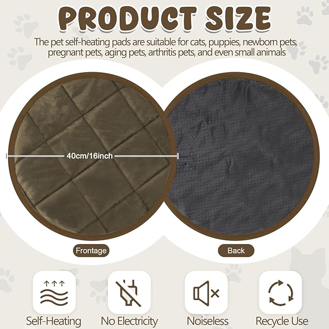 Drydiet 2 Pcs Self Warming Cat Mat Round Self Heating Pad Bed Reversible Machine Washable Heated Bed Anti Slip Warming Pad Pet Mat for Cat Crate Indoor Outdoor(Coffee,16 Inch)