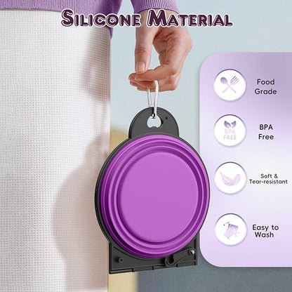 Pawaboo 2-in-1 Collapsible Dog Bowls, Dual Puppy Food and Water Bowls, 180° Flip Over Portable Silicone Dog Bowl with Metal Hook, 450ml Pet Travel Feeder Bowl for Walking Hiking Camping, Purple