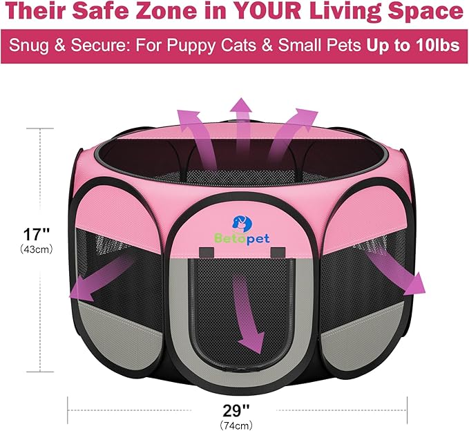 Playpen for Small Dogs Cats Crate: Puppy Play Pen Indoor Outdoor Foldable Potable Exercise Cage Pop up Kennel for Guinea Pig Rabbits Hamster Travel with Carrying Case & Food Bowl (Pink, S, 1)