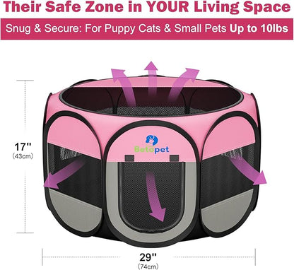 Playpen for Small Dogs Cats Crate: Puppy Play Pen Indoor Outdoor Foldable Potable Exercise Cage Pop up Kennel for Guinea Pig Rabbits Hamster Travel with Carrying Case & Food Bowl (Pink, S, 1)